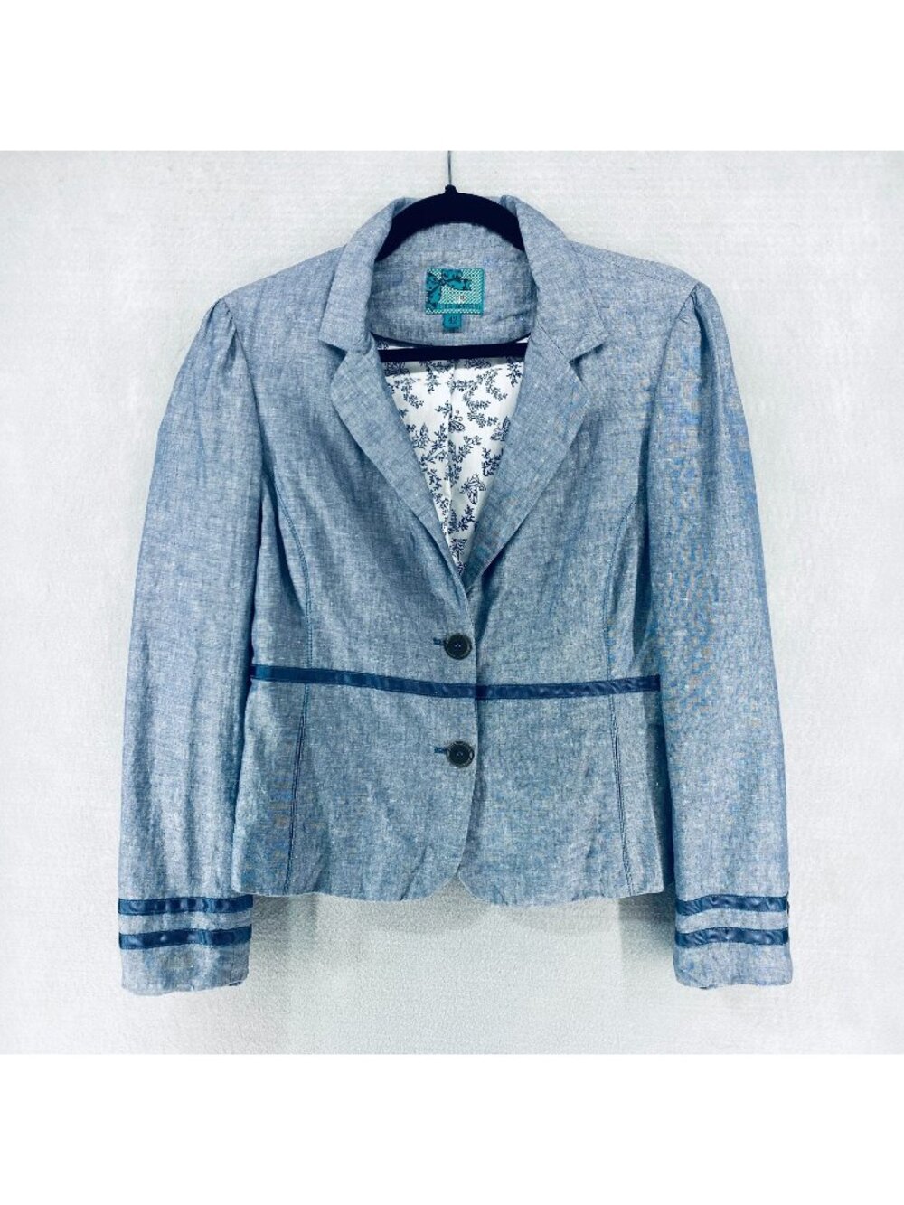 Womens Italian Blazer 42 L Blue Linen Blend Double Button Chambray Jacket Italy